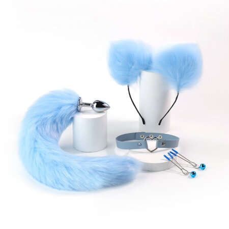 Combo hồ ly xanh: butt plug đuôi cáo, bờm tai, vòng cổ, kẹp ti