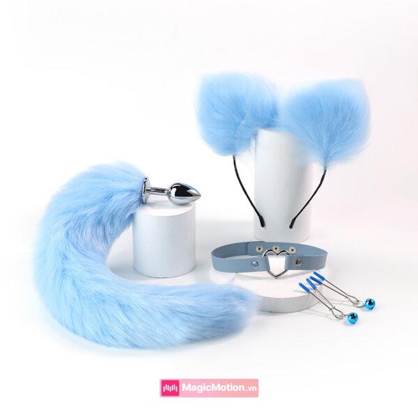 Combo hồ ly xanh: butt plug đuôi cáo, bờm tai, vòng cổ, kẹp ti