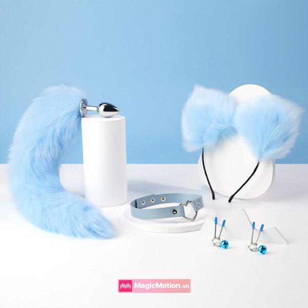Combo hồ ly xanh: butt plug đuôi cáo, bờm tai, vòng cổ, kẹp ti