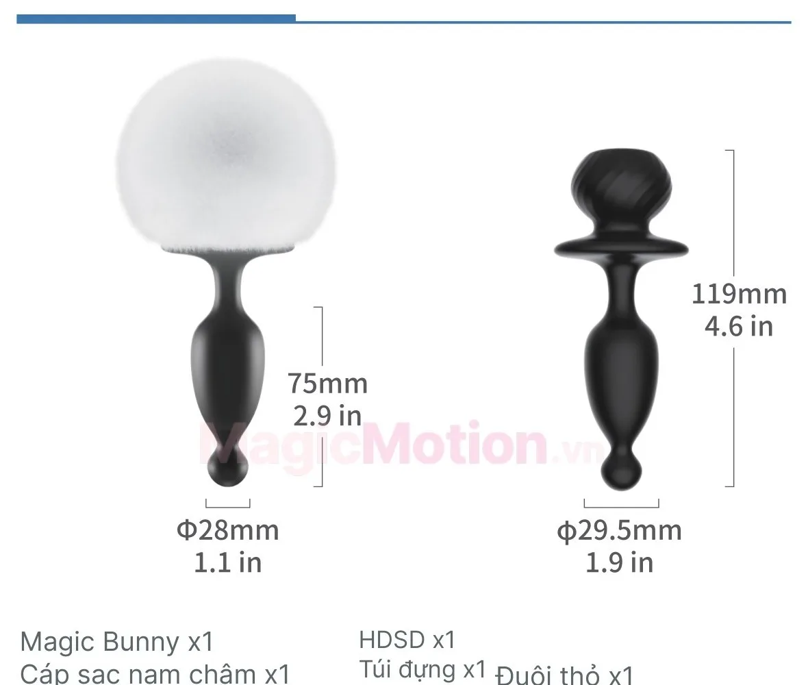 Phụ kiện đi kèm và kích thước butt plug rung Magic Bunny