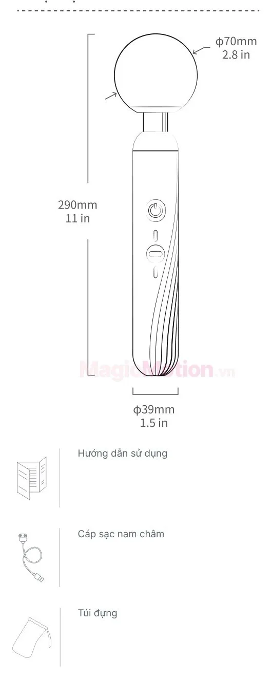 Phụ kiện đi kèm và kích thước chày rung Magic Zenith