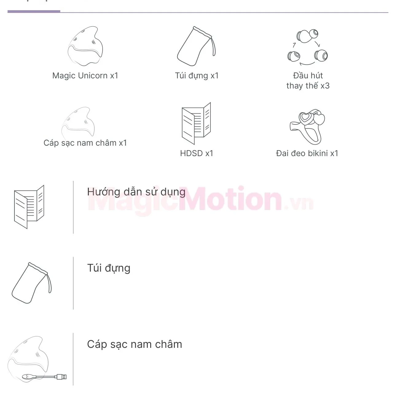 Phụ kiện đi kèm máy rung mút Magic Unicorn