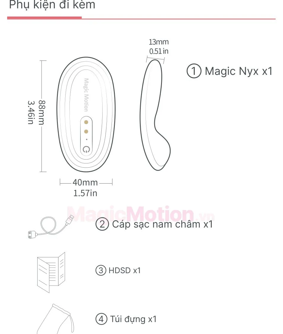 Phụ kiện đi kèm và kích thước máy rung Magic Nyx