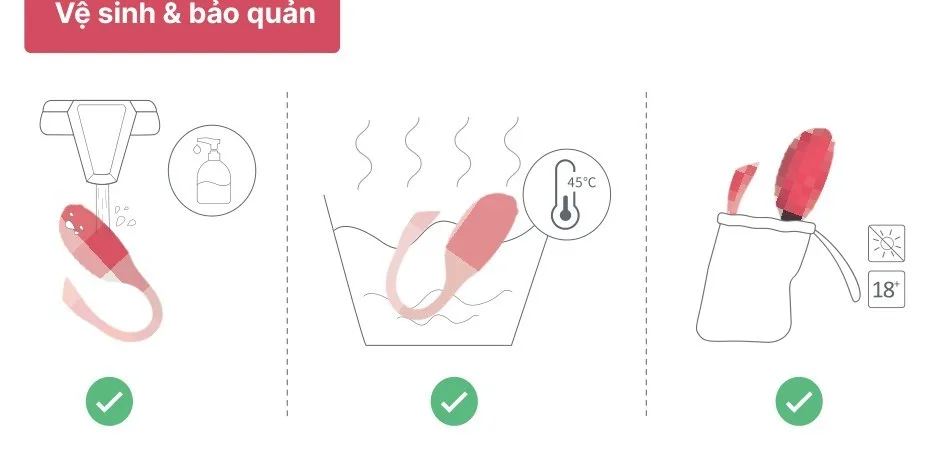 Vệ sinh trứng rung Magic Fugu dưới vòi nước, ngâm nước dưới 45°C và cất trong túi đựng