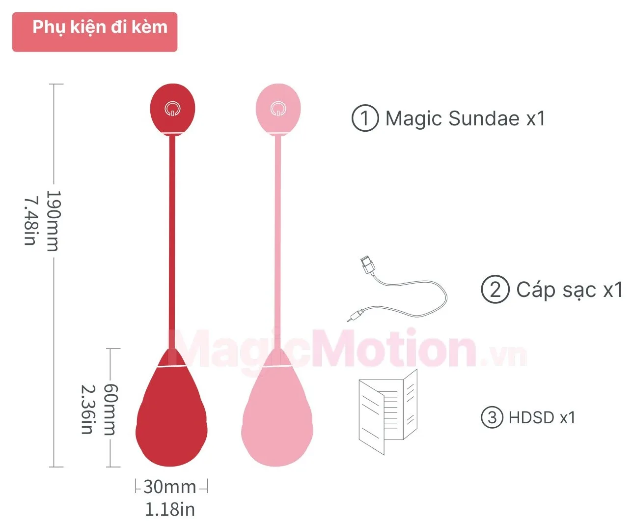 Phụ kiện đi kèm và kích thước trứng rung Magic Sundae