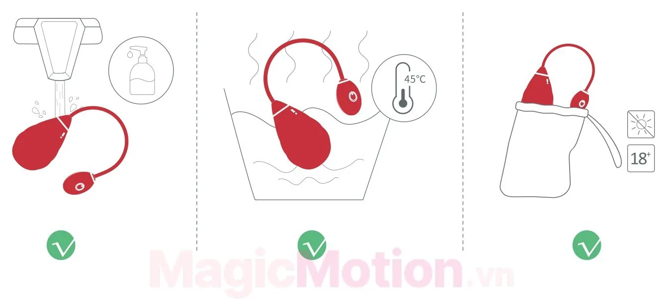 Vệ sinh trứng rung Magic Sundae bằng nước ấm, xà phòng và cất trong túi đựng