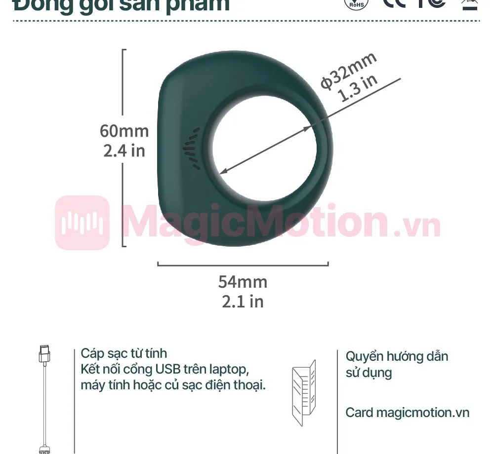 Sản phẩm và phụ kiện trong hộp vòng rung Magic Dante II